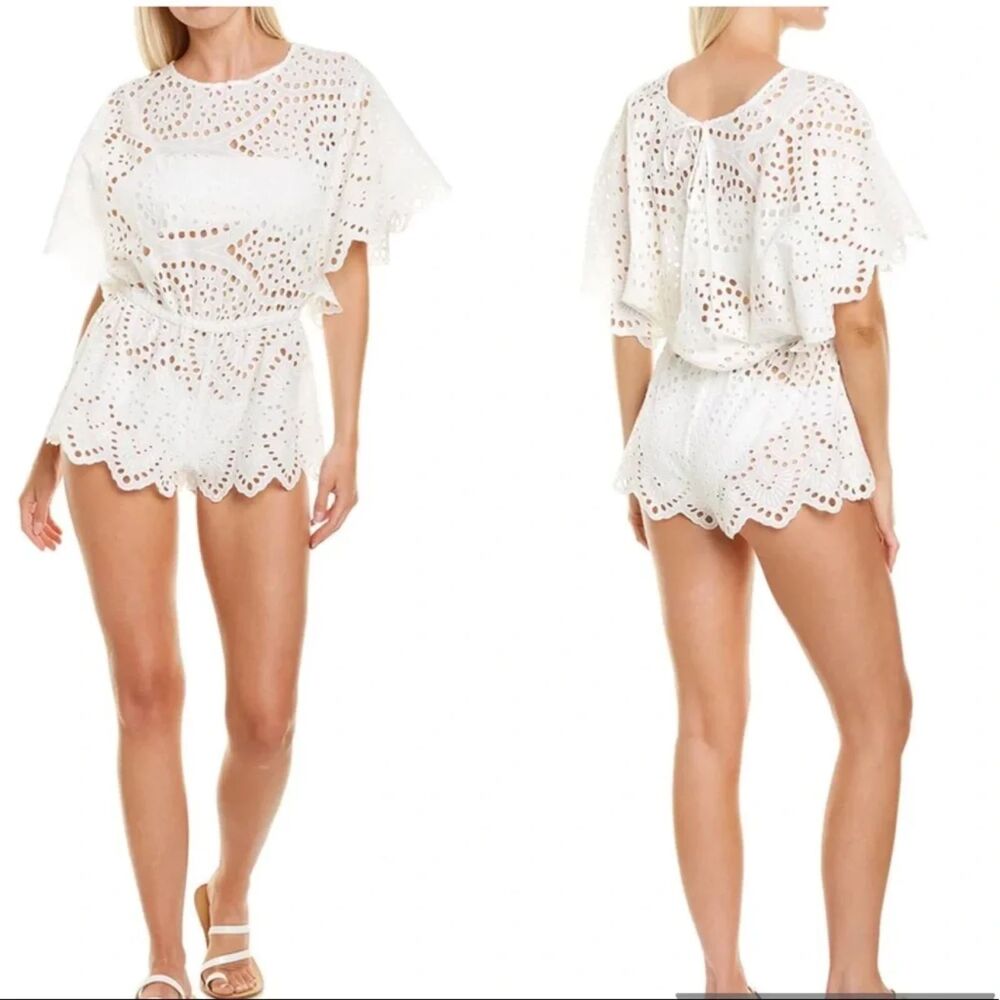 Eberjey Women's White Eyelet Swim Cover Up Romper Size Small Cotton Resort Beach